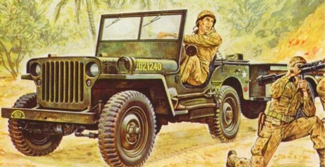 Huvudbild WILLYS MB JEEP MED VAGN & 3 FIGURER. SKALA 1/35. ...